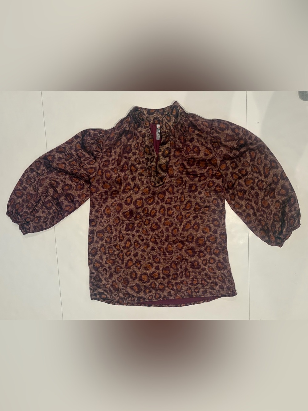2 Hearts Metallic Burgundy Leopard Print Balloon Sleeve Blouse - Size Small